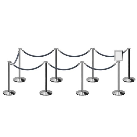 MONTOUR LINE Stanchion Post & Rope Kit Pol.Steel, 8FlatTop 7Gray Rope 8.5x11V Sign C-Kit-7-PS-FL-1-Tapped-1-8511-V-7-PVR-GY-PS